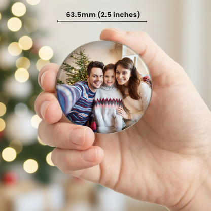 Custom photo magnet in circle shape displayed on white background, personalized round refrigerator magnet for photos