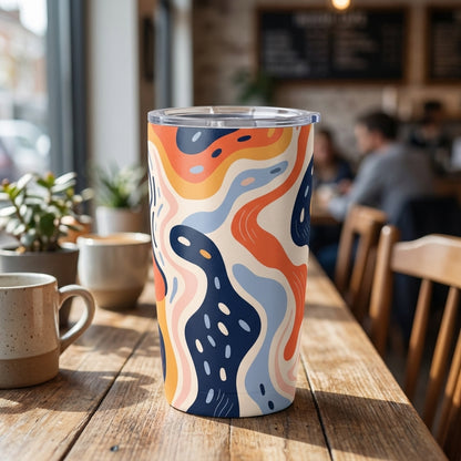 Logan Pro 16 oz stainless steel tumbler featuring an organic abstract pattern with navy, orange, and beige shapes sitting on a wooden cafe table.