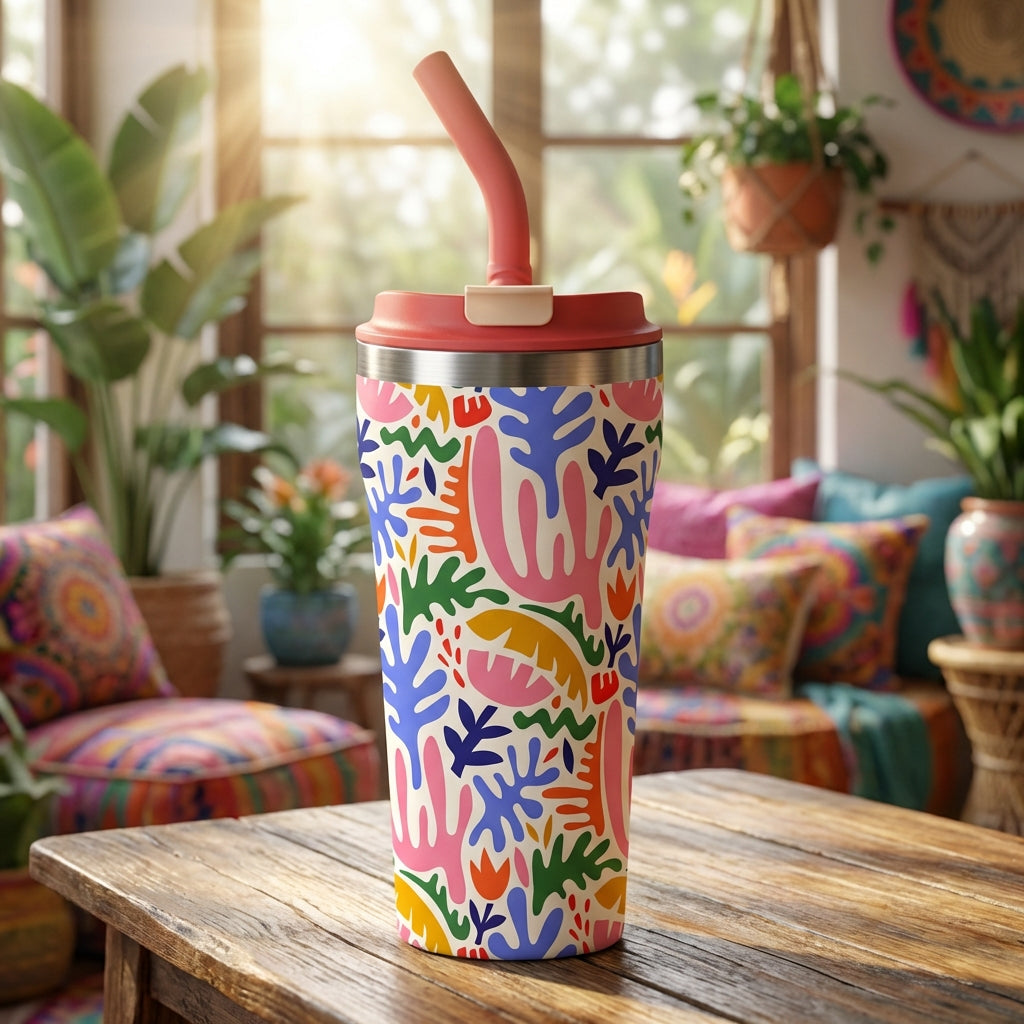 LAMOSE Bow 16 oz stainless steel tumbler featuring colorful abstract organic shapes in pink, orange, and green on an off-white background with a coral lid.