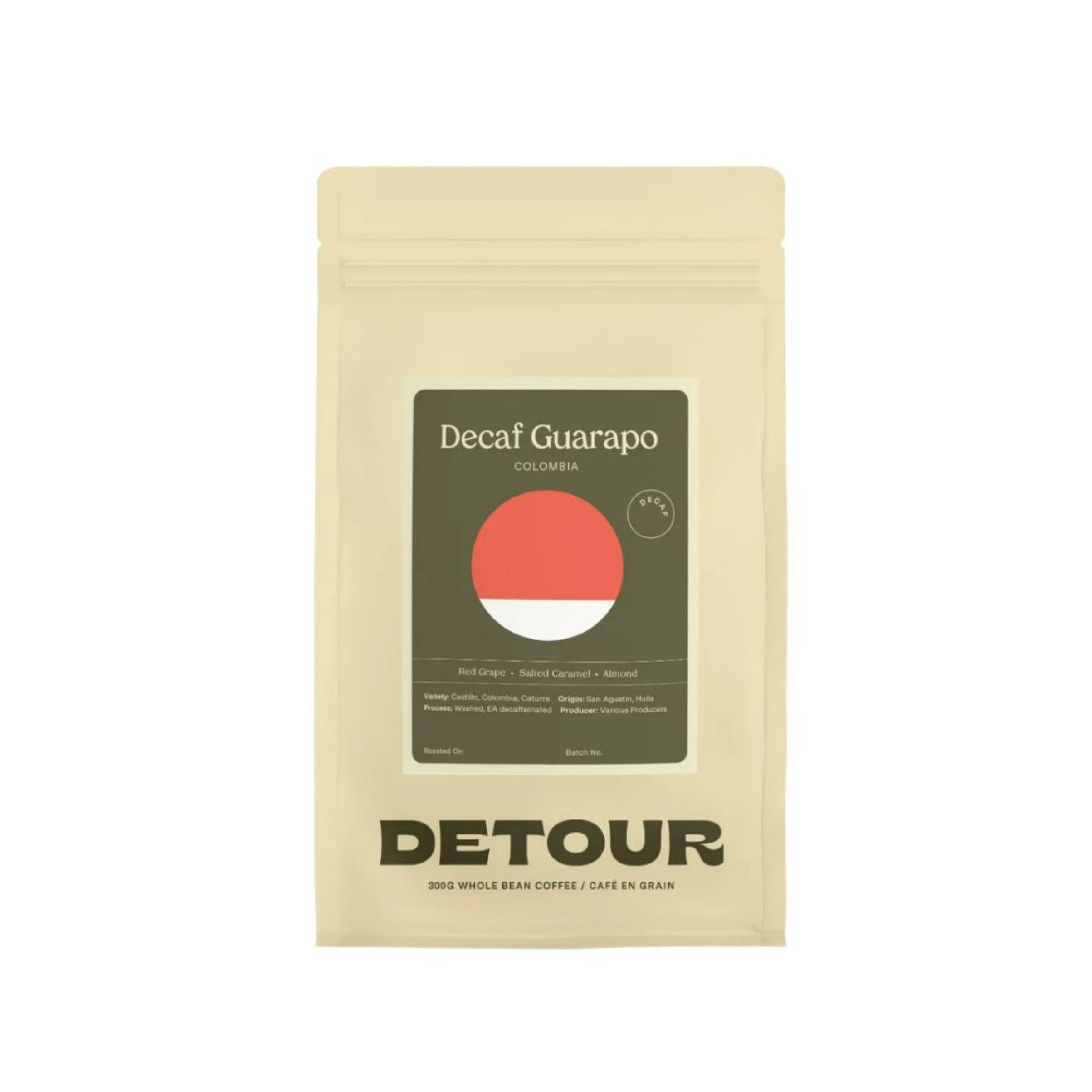 Detour Coffee Roaster Colombia Guarapo Decaf - Red Grape, Salted Caramel, Almond Tasting Profile - Naturally Decaffeinated Coffee - San Agustin, Huila Origin - Various Smallholders Producer - Caturra, Colombia, Castillo Variety - Washed, E.A Decaffeinated Process - Learn More on Our Website