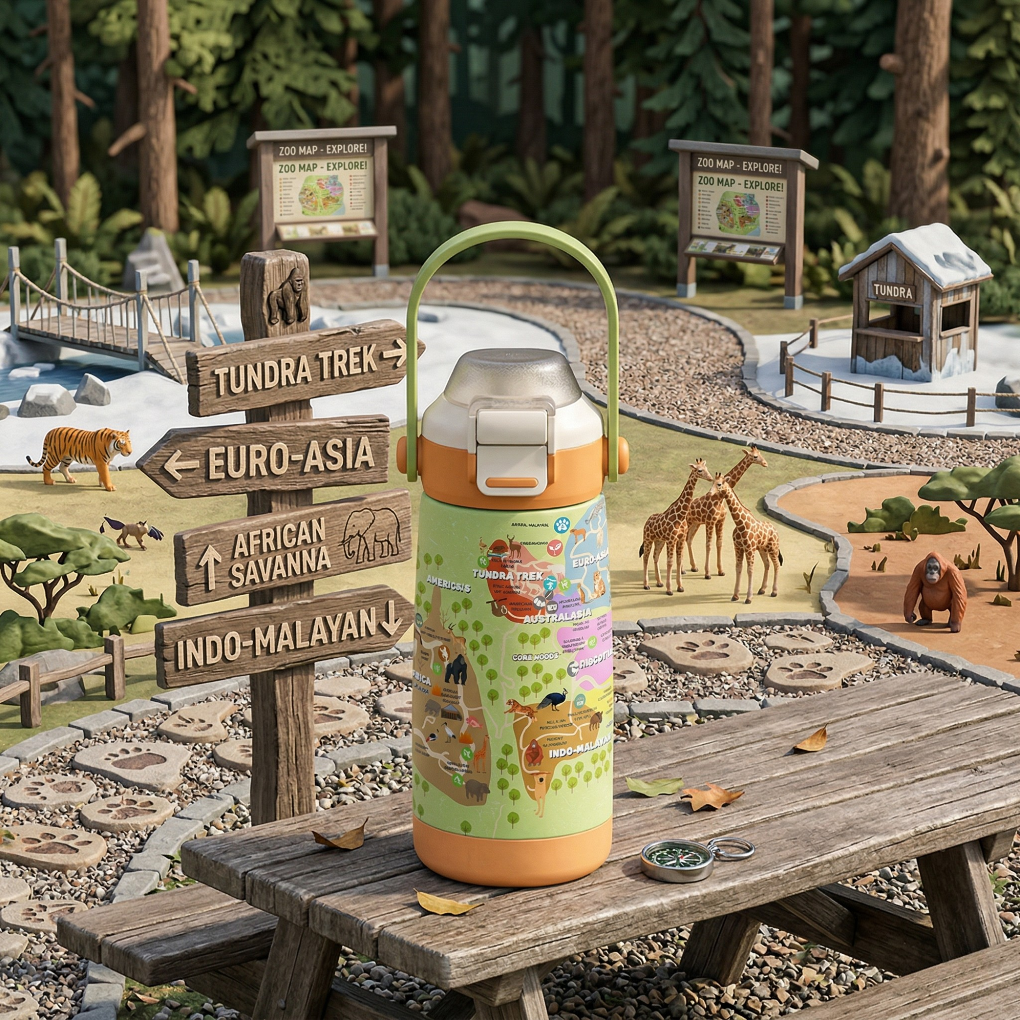 Goose 14 oz insulated kids water bottle with colorful zoo animal theme pattern, stainless steel construction