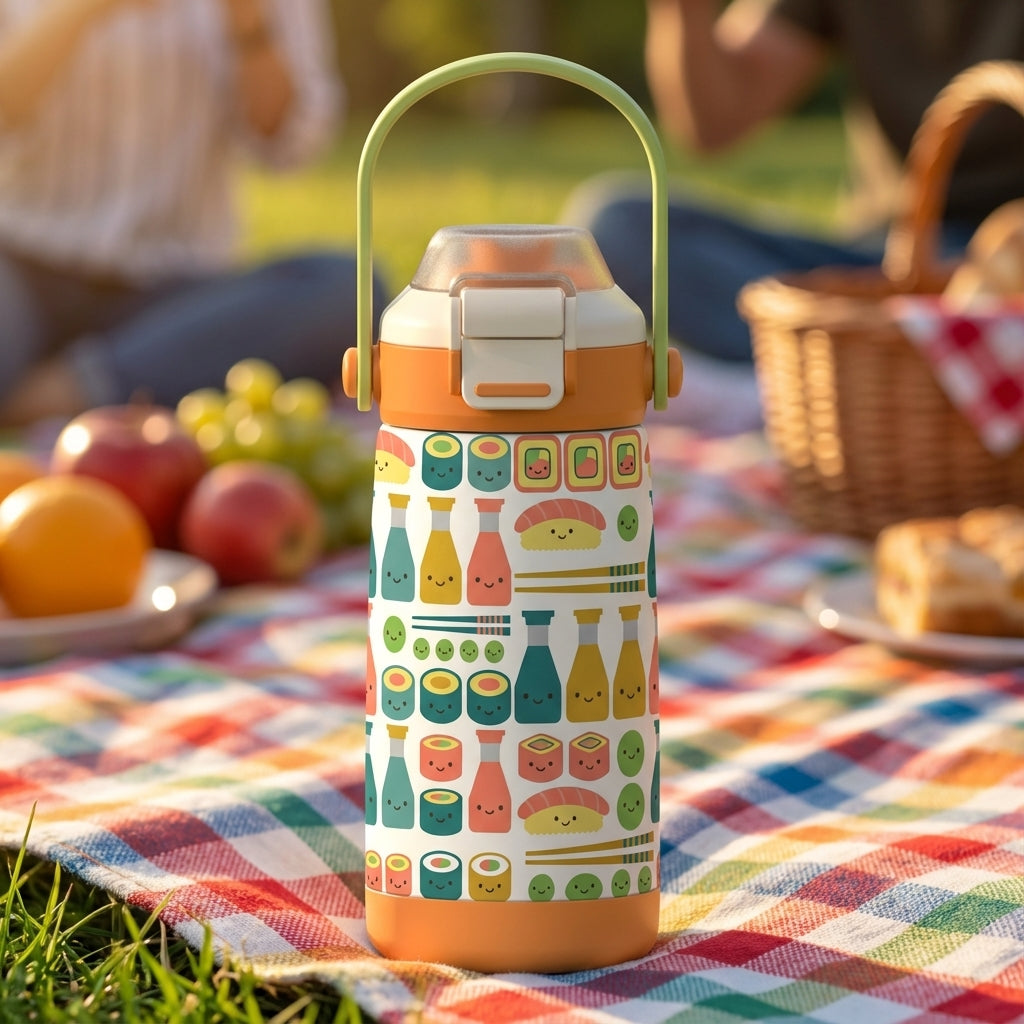 LAMOSE Goose 14 oz kids water bottle featuring a cute sushi and soy sauce pattern on a white body with an orange silicone boot and light green handle.