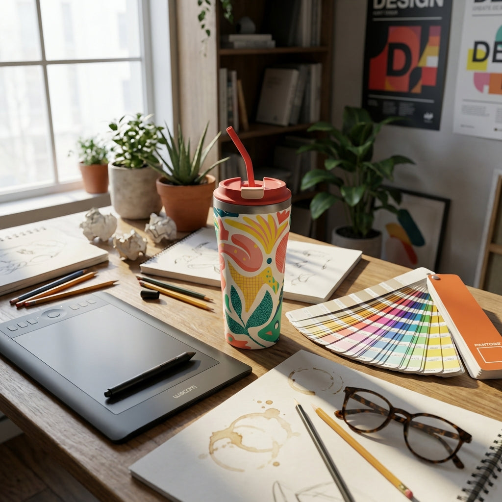 In-Use shot - LAMOSE Bow 16 oz insulated tumbler featuring abstract pink and teal botanical shapes on cream background with a coral lid and straw.