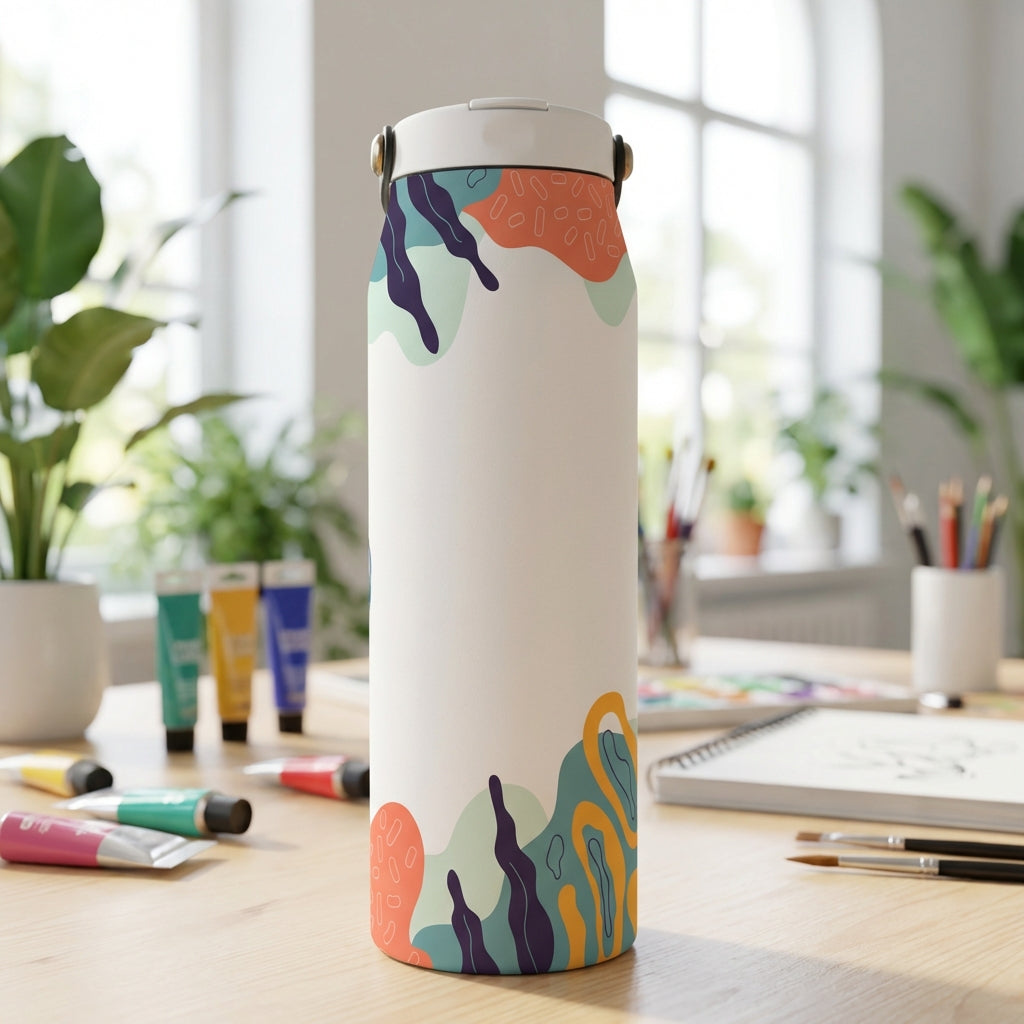  White 34oz insulated water bottle featuring abstract teal, orange, and purple botanical patterns on the top and bottom rim