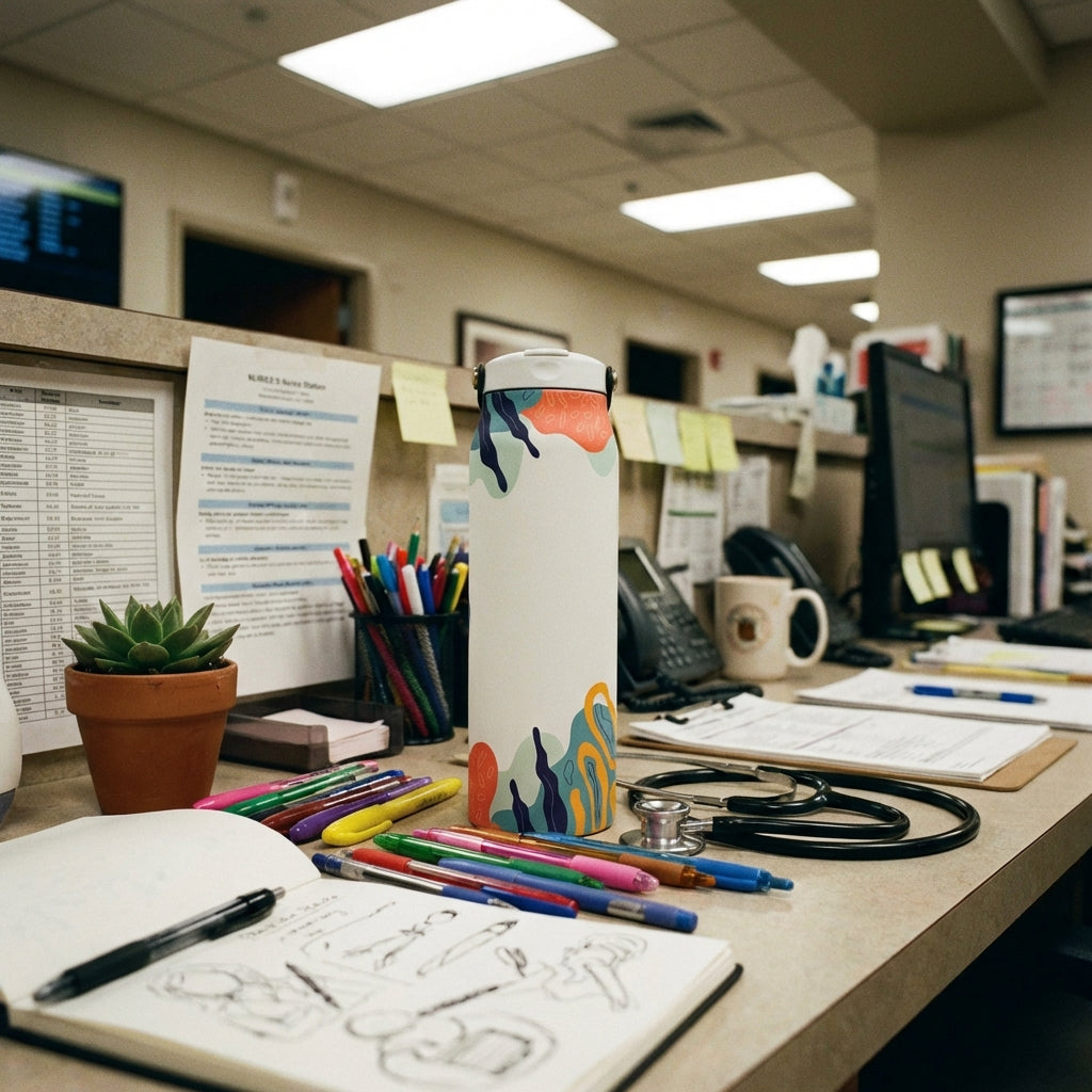 In-Use shot - White 34oz insulated water bottle featuring abstract teal, orange, and purple botanical patterns on the top and bottom rim