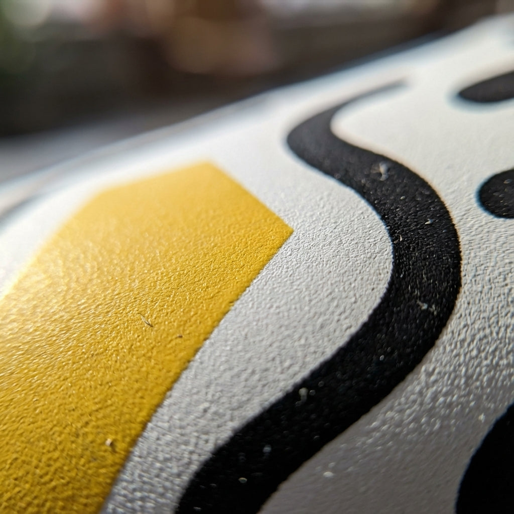 Detail shot - White 12oz LAMOSE Grouse tumbler featuring colorful abstract geometric shapes in red, blue, yellow, and black, sitting on a modern desk.