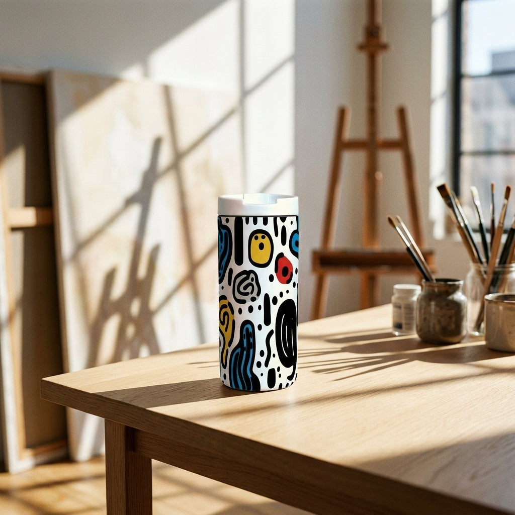 Lifestyle shot - White 12oz LAMOSE Grouse tumbler featuring colorful abstract geometric shapes in red, blue, yellow, and black, sitting on a modern desk.