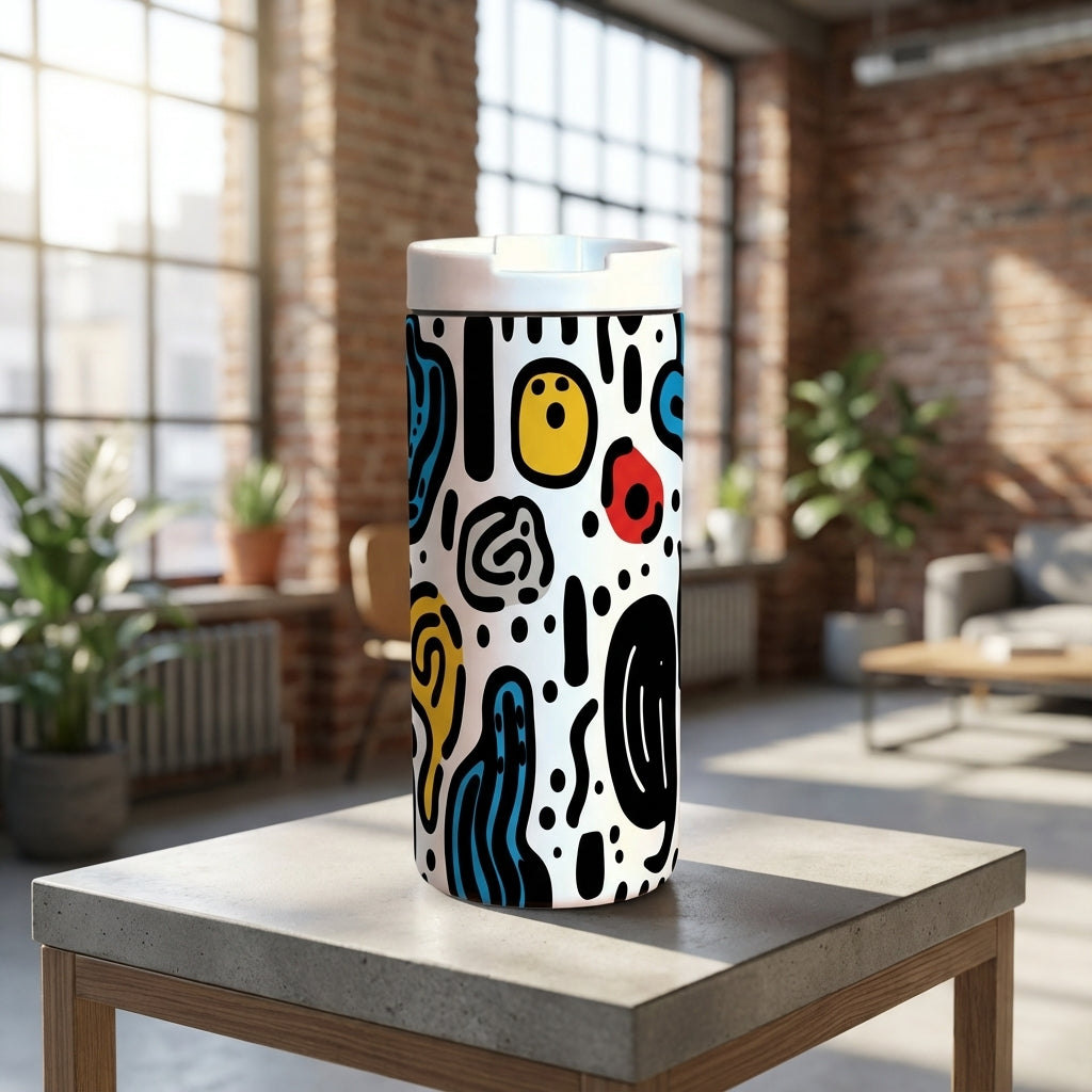 White 12oz LAMOSE Grouse tumbler featuring colorful abstract geometric shapes in red, blue, yellow, and black, sitting on a modern desk.