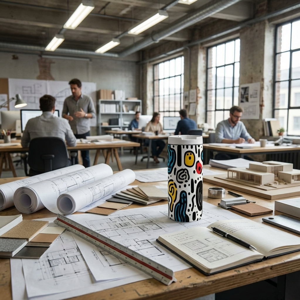 In-Use shot - White 12oz LAMOSE Grouse tumbler featuring colorful abstract geometric shapes in red, blue, yellow, and black, sitting on a modern desk.