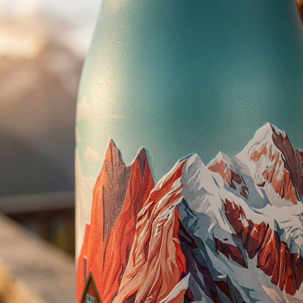Detail shot - LAMOSE Robson 21oz bottle featuring a teal to red gradient with a snowy mountain and cabin illustration.