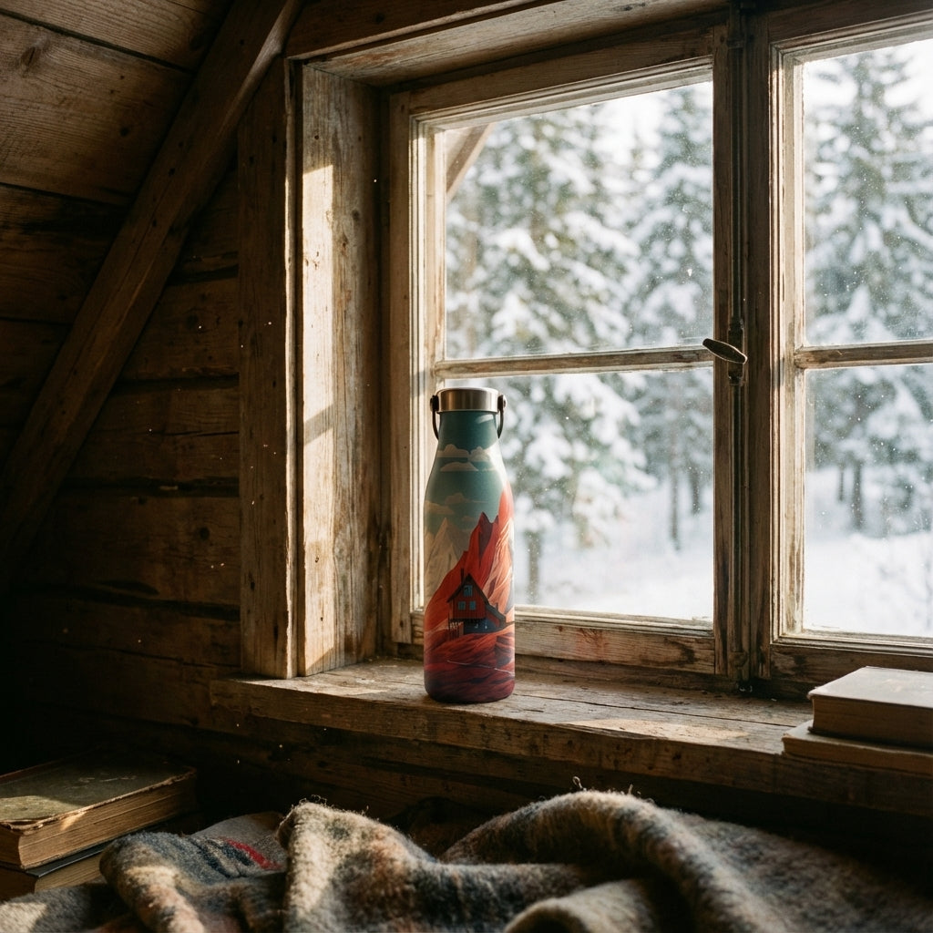 In-Use shot - LAMOSE Robson 21oz bottle featuring a teal to red gradient with a snowy mountain and cabin illustration.