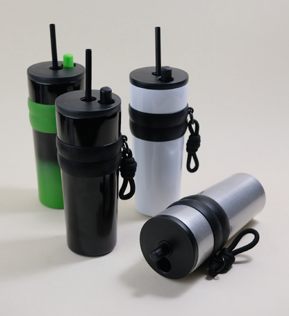 An array of stainless steel straw tumblers in assorted colors including black, green, white, and silver, each featuring a BPA-free plastic straw and a convenient rubber grip. These tumblers are designed for easy customization and portability, suitable for both hot and cold beverages. 