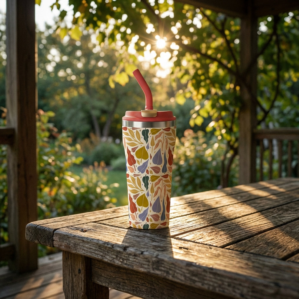Lifestyle shot - Cream 16oz insulated tumbler with red lid and straw featuring stylized gold, red, and green leaf pattern sitting on a rustic wooden surface.