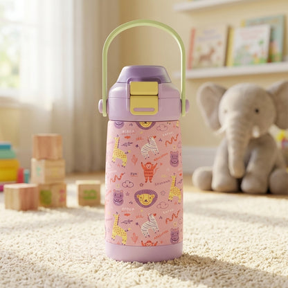 LAMOSE Goose 14oz kids water bottle featuring pink safari animal print with lions and zebras, lavender lid and green handle, sitting among wooden blocks.