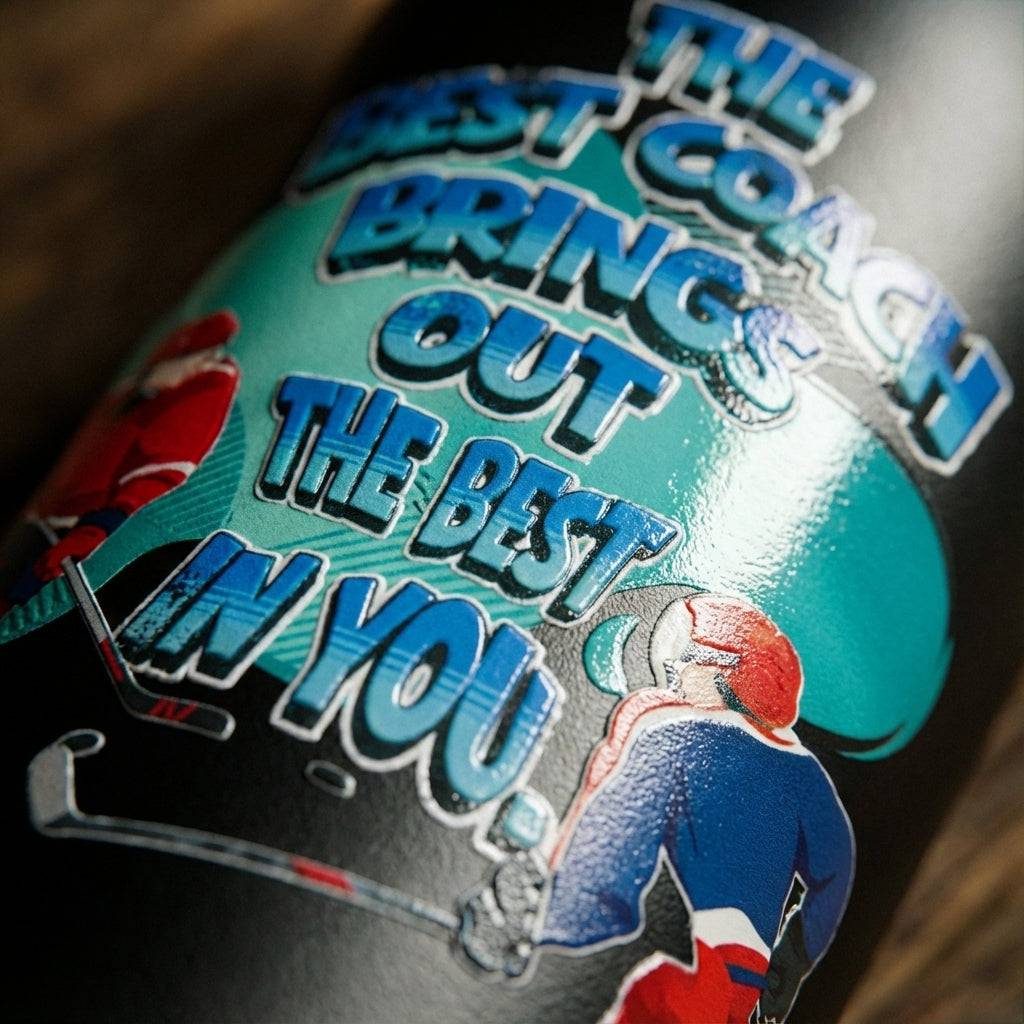 Detail shot - Black LAMOSE Robson 21oz water bottle featuring 'The Best Coach Brings Out The Best In You' design with hockey players, sitting on a bench with a puck and glove.
