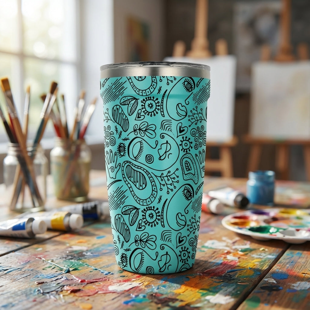 Peyto 16oz metal tumbler featuring a light blue background with black abstract doodles, paisley shapes, and floral patterns standing on an art studio table.