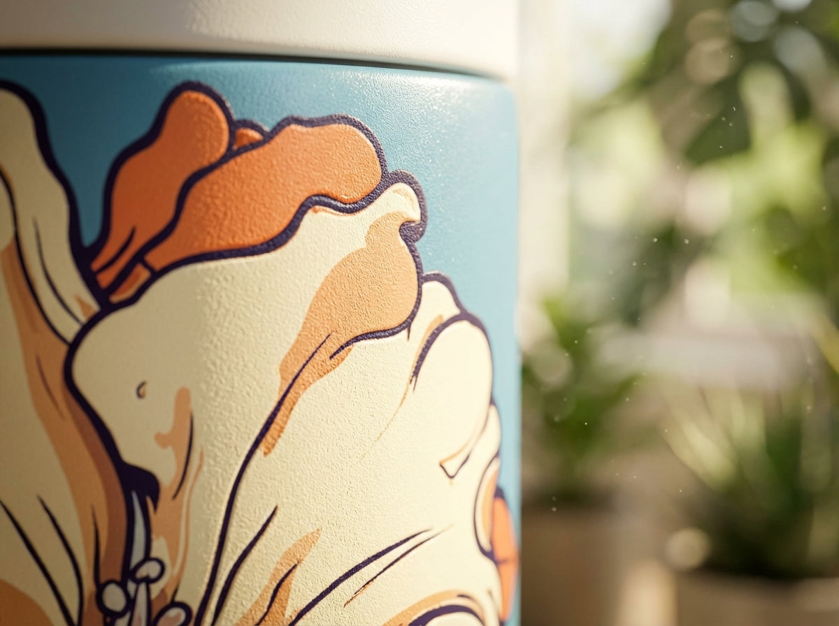 Detail shot - LAMOSE Grouse 12oz tumbler in light blue featuring a cream and orange floral pattern with white polka dots, sitting on a wooden table in sunlight.