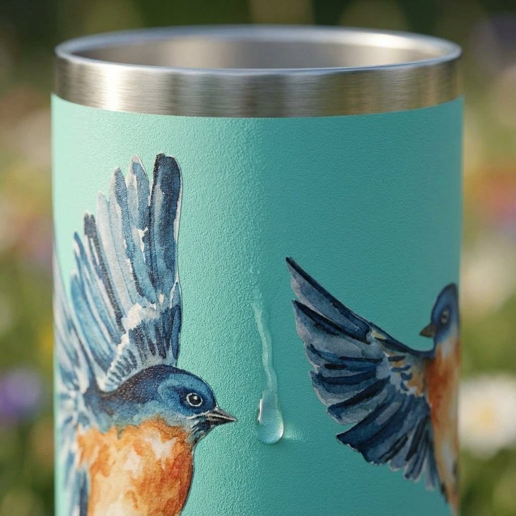 Detail shot - Muted teal Cascade 40oz tumbler featuring watercolor bluebirds in flight decal, insulated stainless steel travel mug with grey handle and lid.