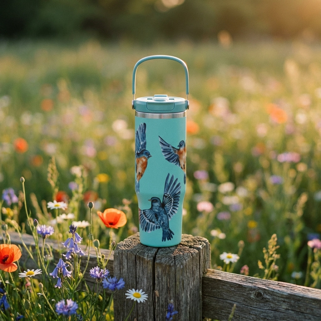 Lifestyle shot - Muted teal Cascade 40oz tumbler featuring watercolor bluebirds in flight decal, insulated stainless steel travel mug with grey handle and lid.