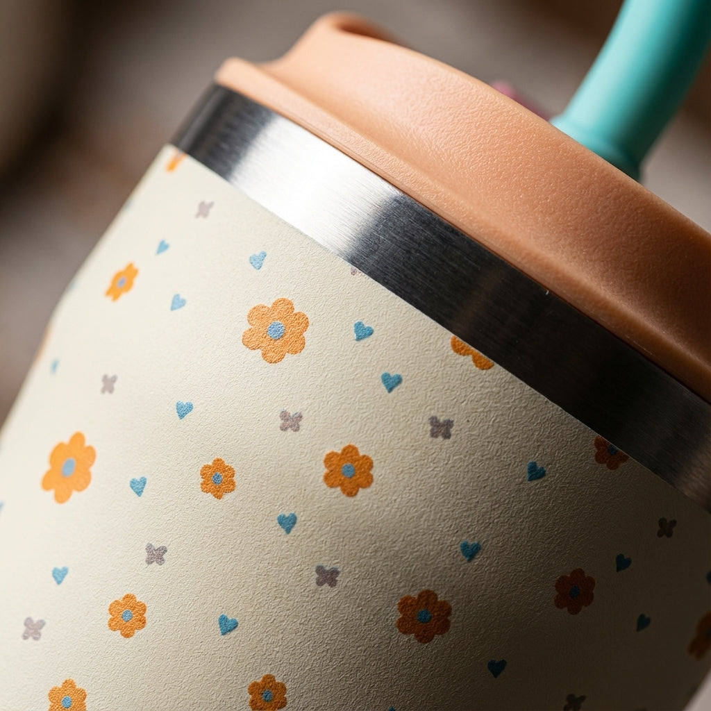 Detail shot - Close-up of cream LAMOSE Bow 16 oz tumbler with orange flowers and blue heart pattern, peach lid and turquoise straw sitting on a wooden table.
