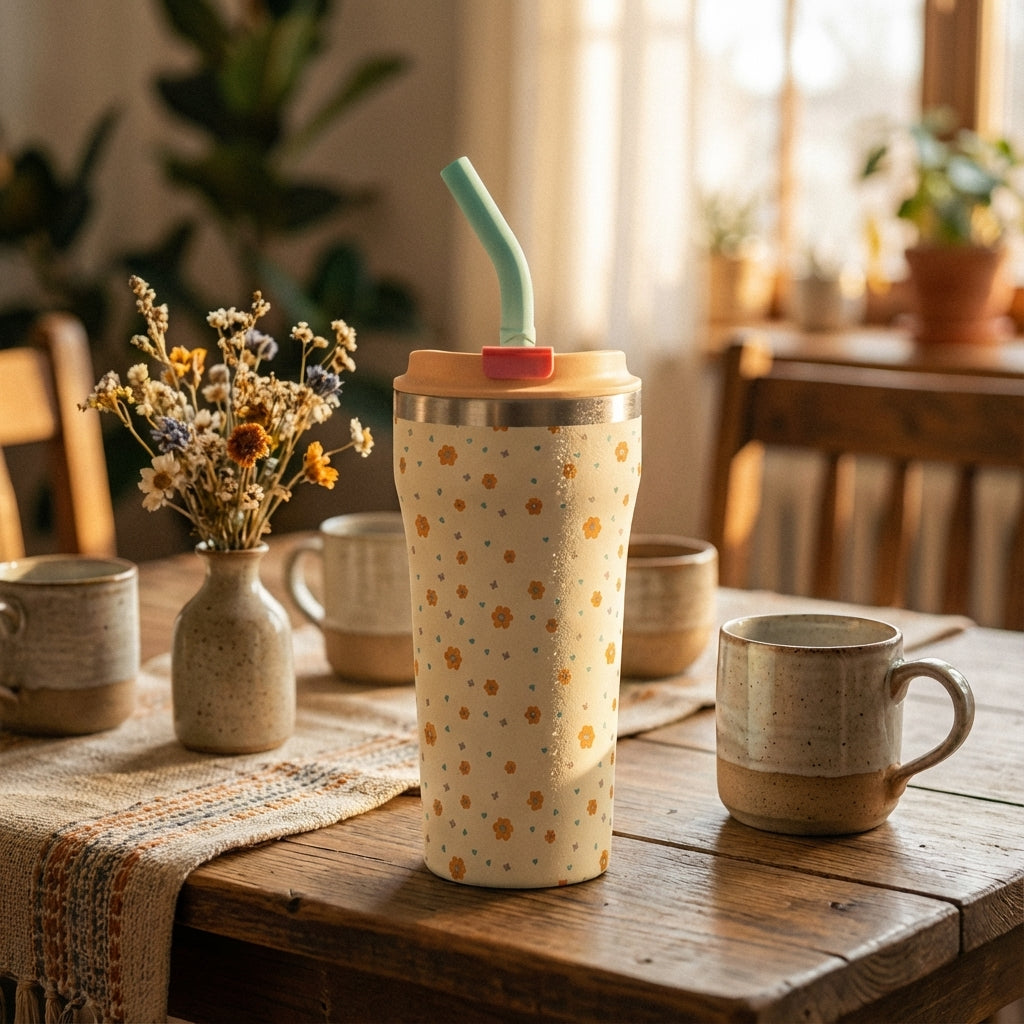 Lifestyle shot - Close-up of cream LAMOSE Bow 16 oz tumbler with orange flowers and blue heart pattern, peach lid and turquoise straw sitting on a wooden table.