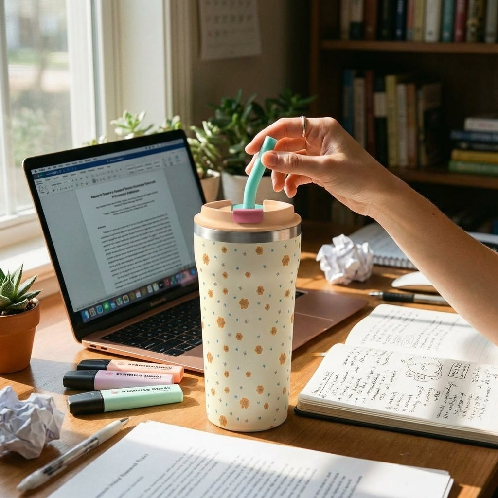 In-Use shot - Close-up of cream LAMOSE Bow 16 oz tumbler with orange flowers and blue heart pattern, peach lid and turquoise straw sitting on a wooden table.