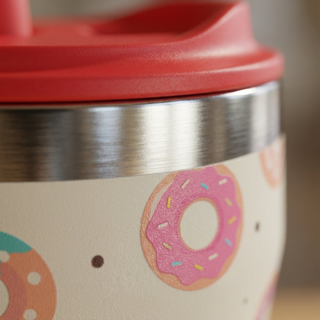 Detail shot - LAMOSE Bow 16 oz insulated tumbler featuring a colorful pink and teal donut pattern on off-white with a red straw