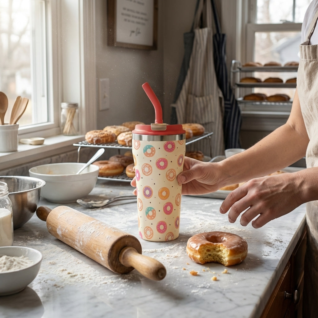 In-Use shot - LAMOSE Bow 16 oz insulated tumbler featuring a colorful pink and teal donut pattern on off-white with a red straw