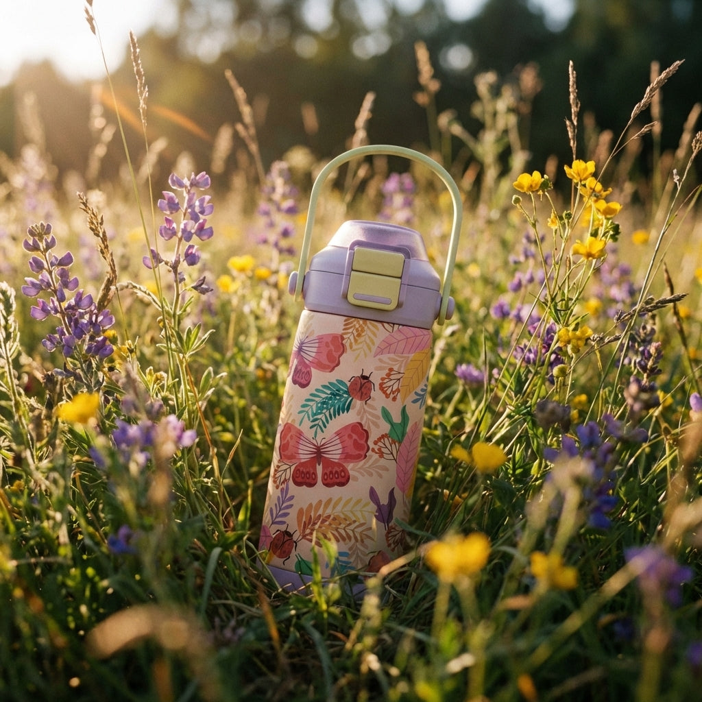 Lifestyle shot - Close up of beige LAMOSE Goose 14oz kids water bottle with butterfly and ladybug pattern resting in a field of wildflowers