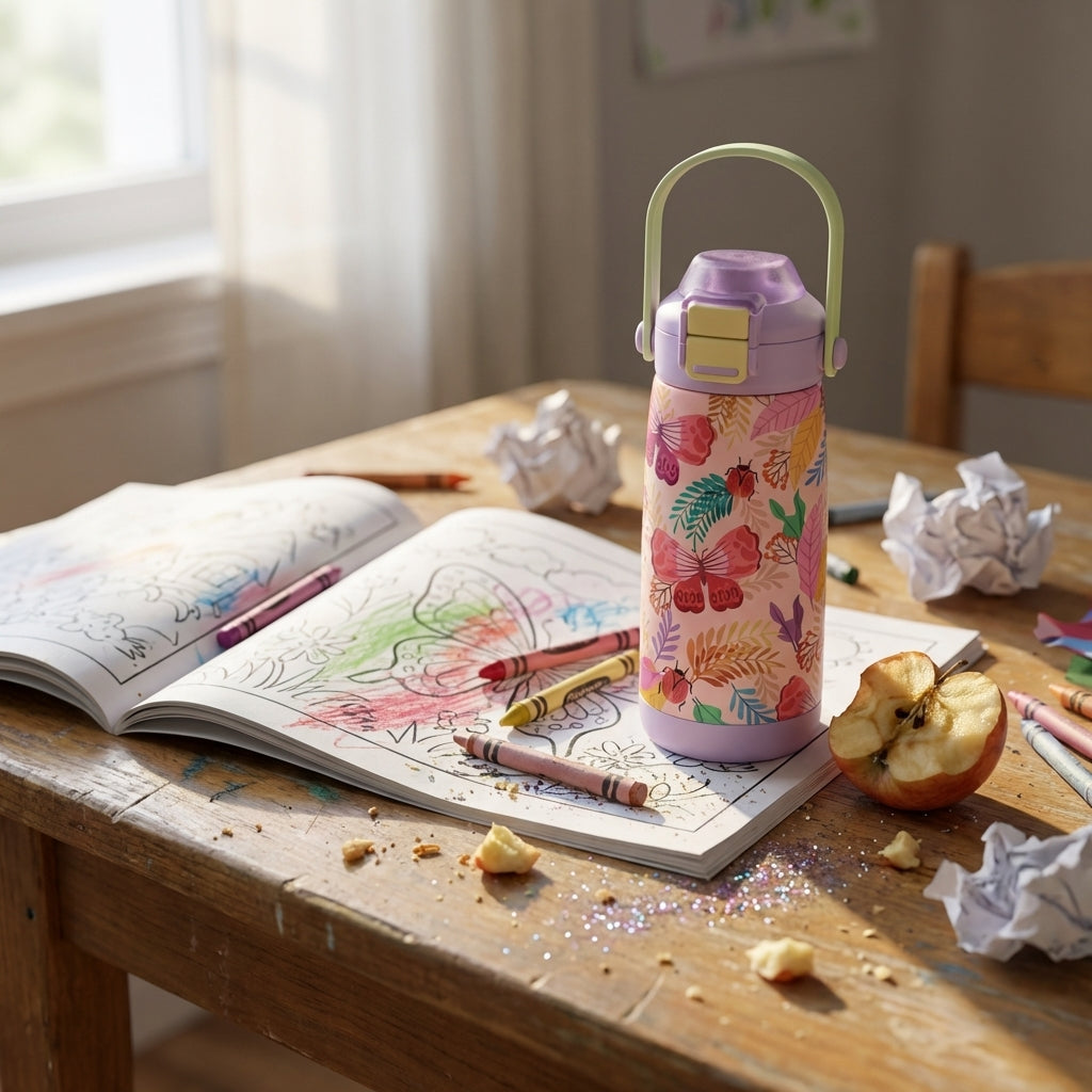 In-Use shot - Close up of beige LAMOSE Goose 14oz kids water bottle with butterfly and ladybug pattern resting in a field of wildflowers