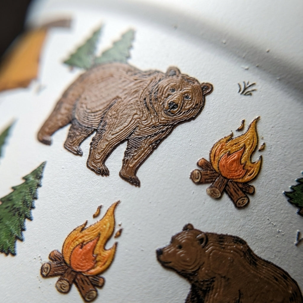 Detail shot - White LAMOSE Peyto 16oz tumbler featuring a 5D printed pattern of brown bears, tents, pine trees, campfires, and 'Camping Adventure' text.