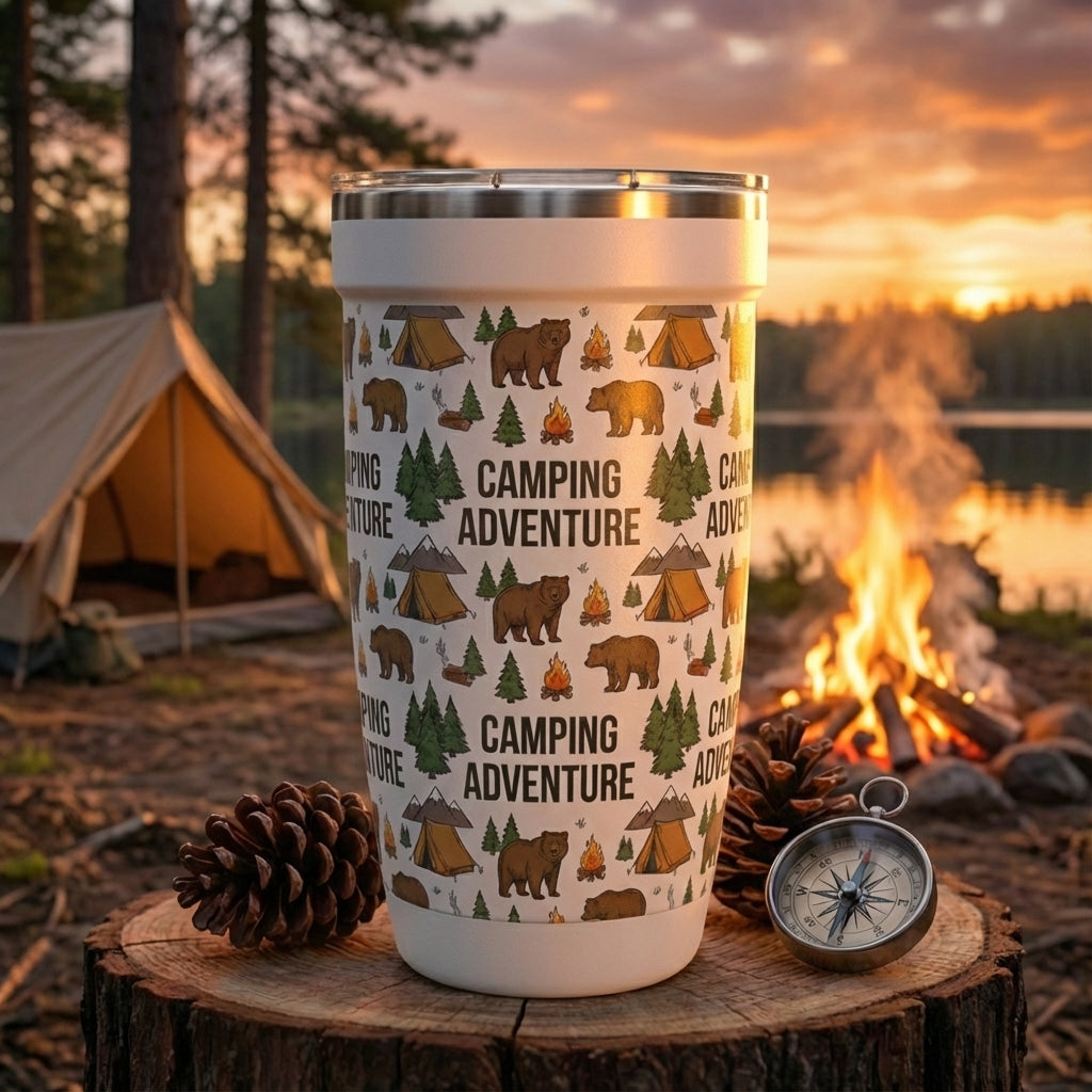Lifestyle shot - White LAMOSE Peyto 16oz tumbler featuring a 5D printed pattern of brown bears, tents, pine trees, campfires, and 'Camping Adventure' text.