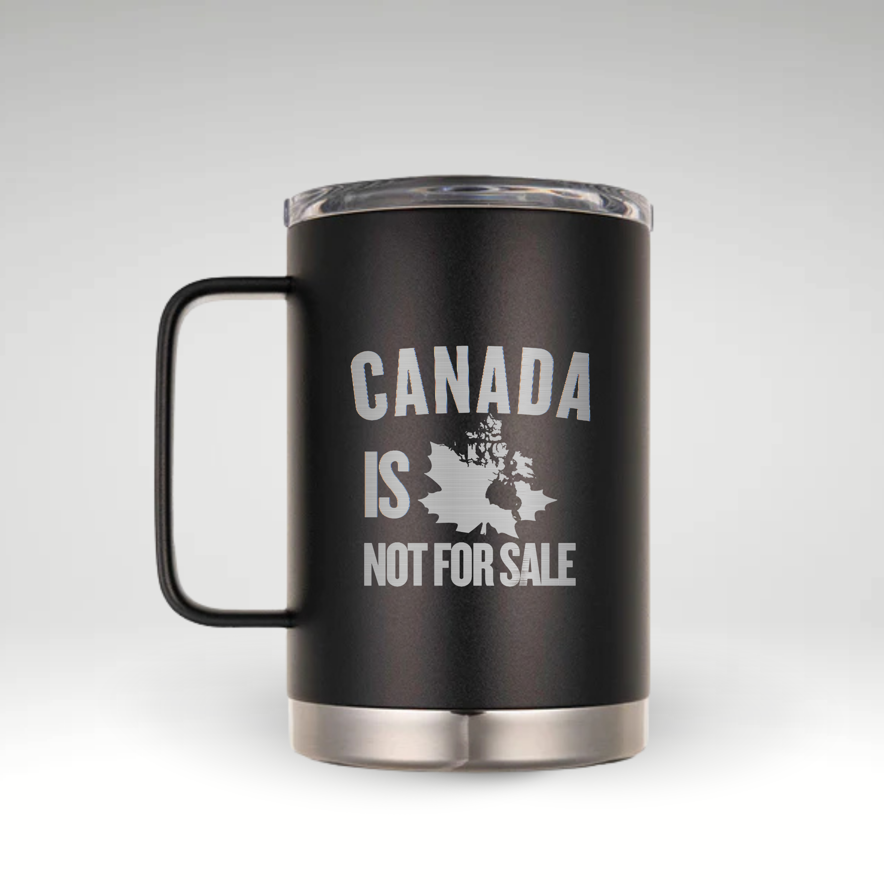 Canada Is Not For Sale Insulated Mug Black and white insulated mug with CANADA IS NOT FOR SALE text and Canada silhouette on a maple leaf. #color_onyx