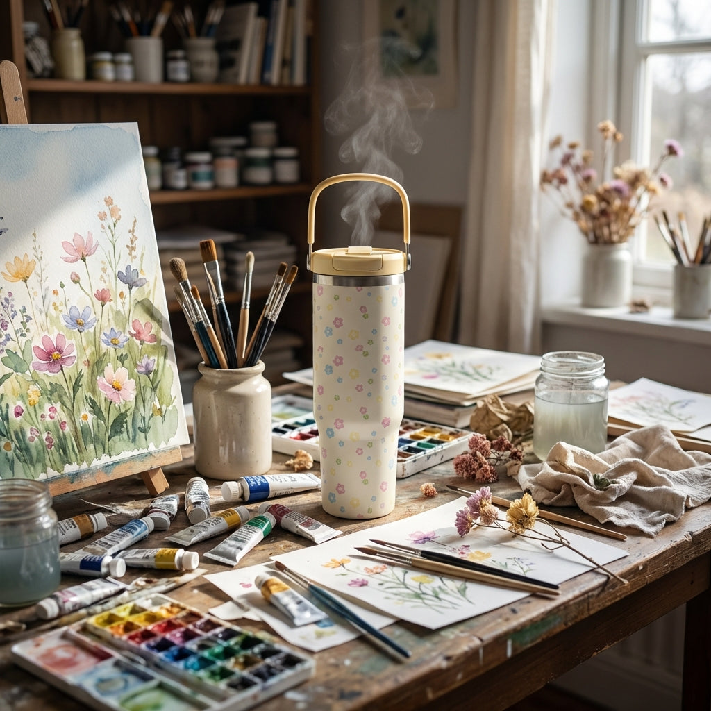 In-Use shot - Cream colored 40 oz insulated tumbler with pastel flower pattern sitting on a white crafting table surrounded by yarn and knitting needles