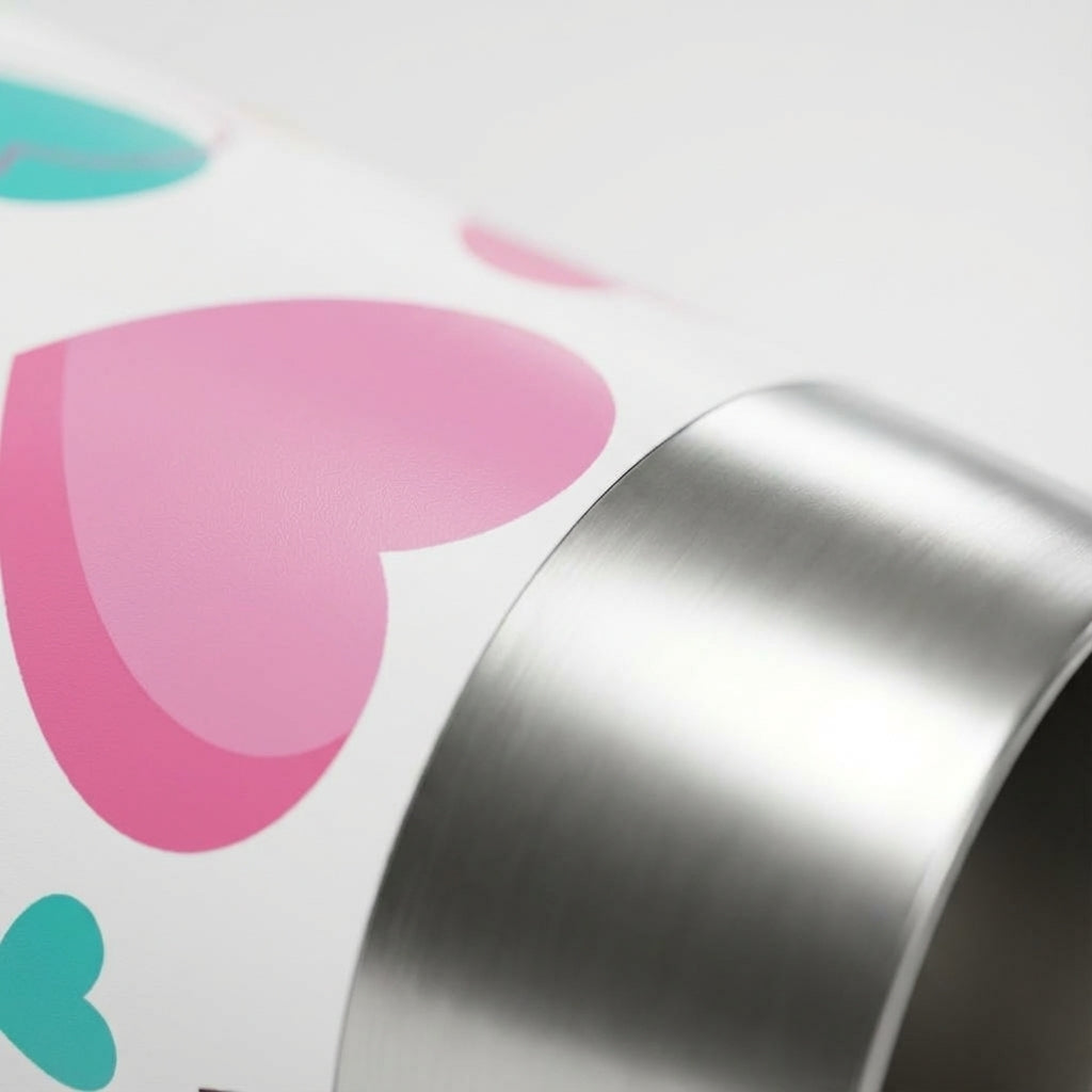 Detail shot - LAMOSE Peyto 16oz travel tumbler in white featuring a colorful pattern of pink, purple, teal, and orange confetti hearts on a bedroom nightstand.