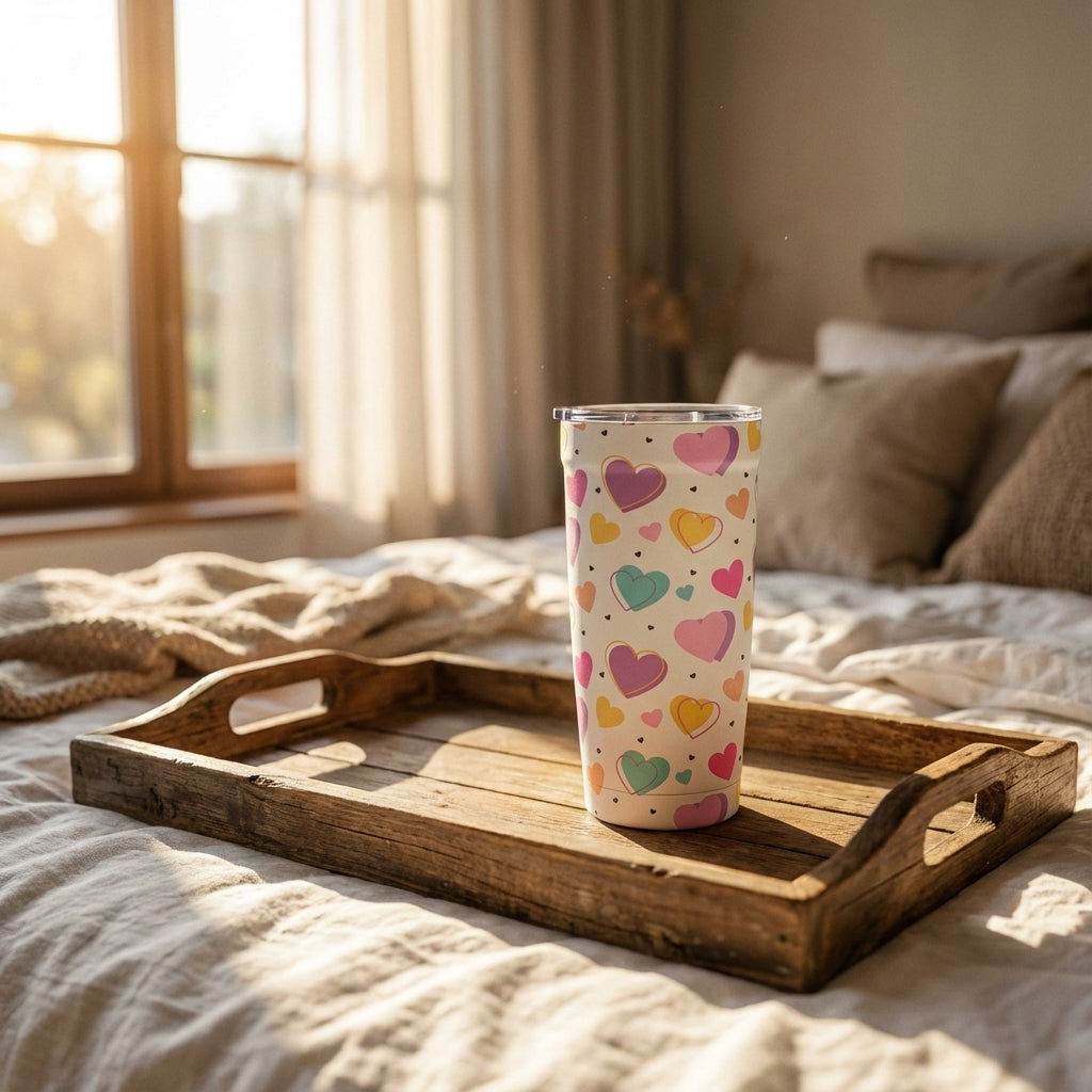Lifestyle shot - LAMOSE Peyto 16oz travel tumbler in white featuring a colorful pattern of pink, purple, teal, and orange confetti hearts on a bedroom nightstand.