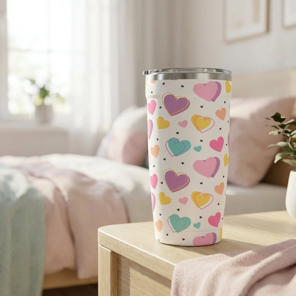  LAMOSE Peyto 16oz travel tumbler in white featuring a colorful pattern of pink, purple, teal, and orange confetti hearts on a bedroom nightstand.