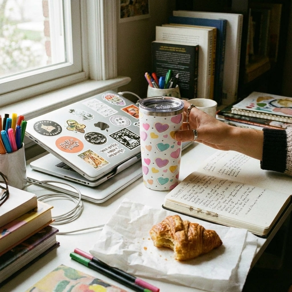 In-Use shot - LAMOSE Peyto 16oz travel tumbler in white featuring a colorful pattern of pink, purple, teal, and orange confetti hearts on a bedroom nightstand.