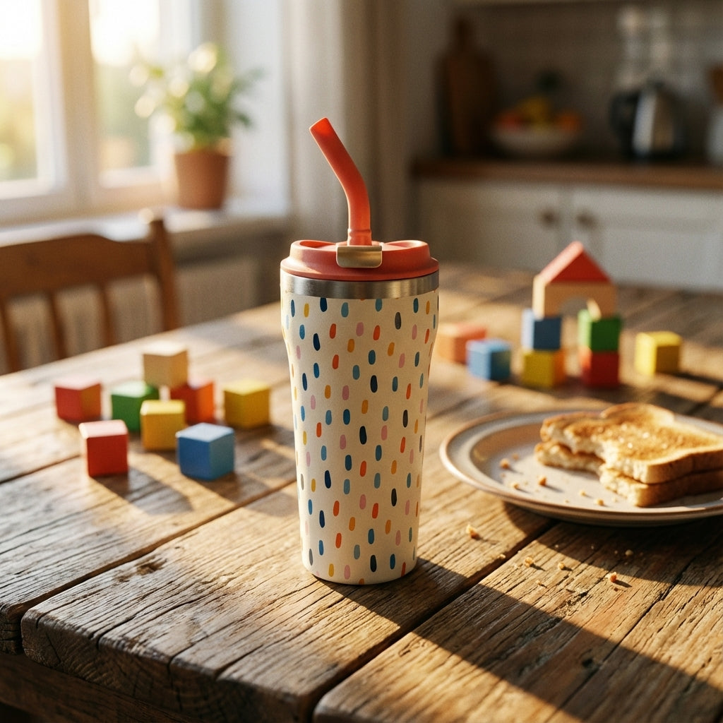 Lifestyle shot - Off-white 16 oz insulated tumbler featuring colorful confetti dot pattern, coral lid with gold clasp, and straw sitting on a wooden table.