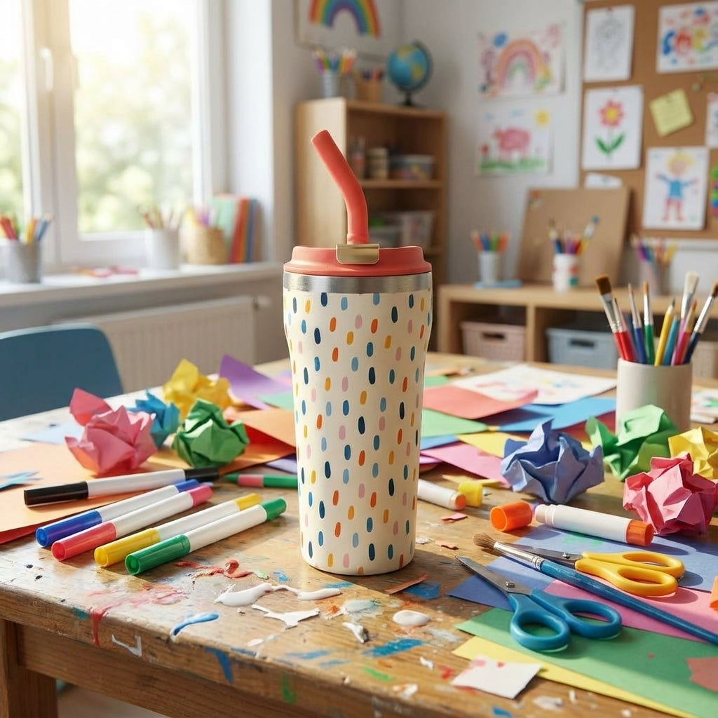 In-Use shot - Off-white 16 oz insulated tumbler featuring colorful confetti dot pattern, coral lid with gold clasp, and straw sitting on a wooden table.
