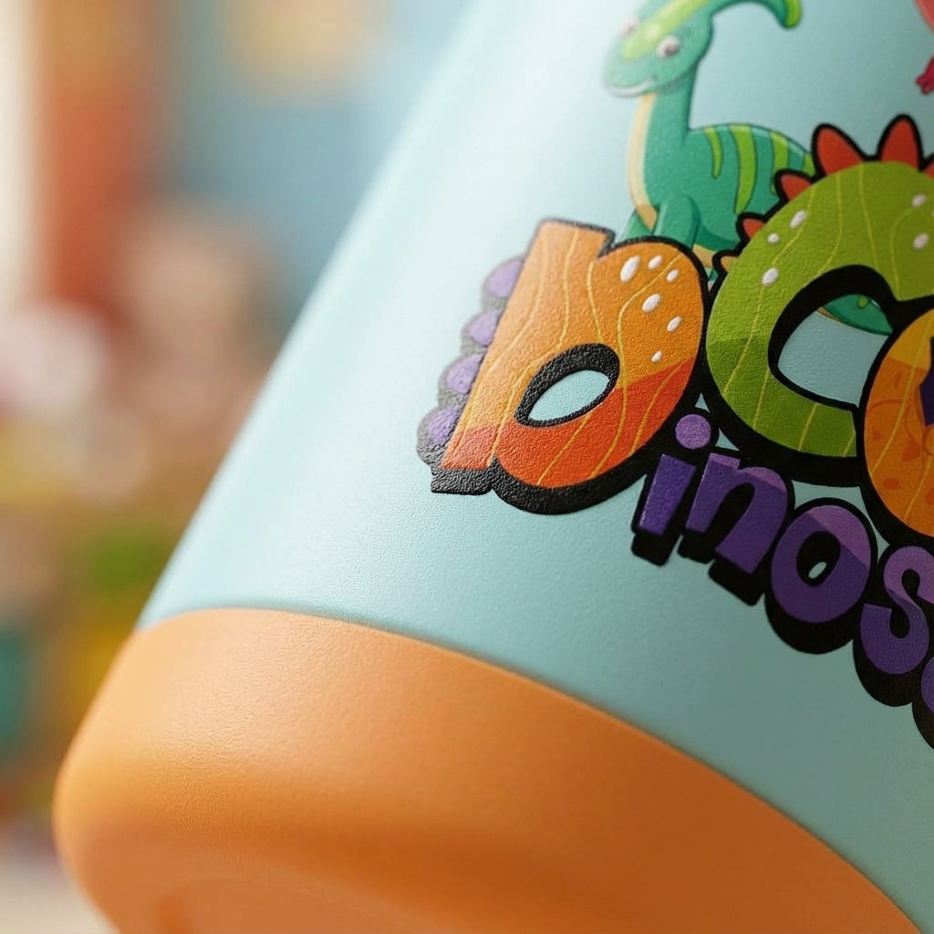 Detail shot - LAMOSE Goose 14oz kids water bottle in light blue with orange accents, featuring cartoon dinosaurs and playful COOL Dinosaur text.