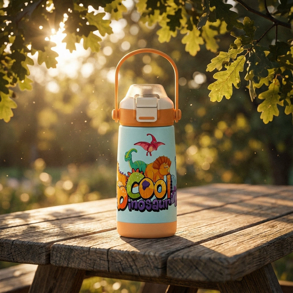 Lifestyle shot - LAMOSE Goose 14oz kids water bottle in light blue with orange accents, featuring cartoon dinosaurs and playful COOL Dinosaur text.