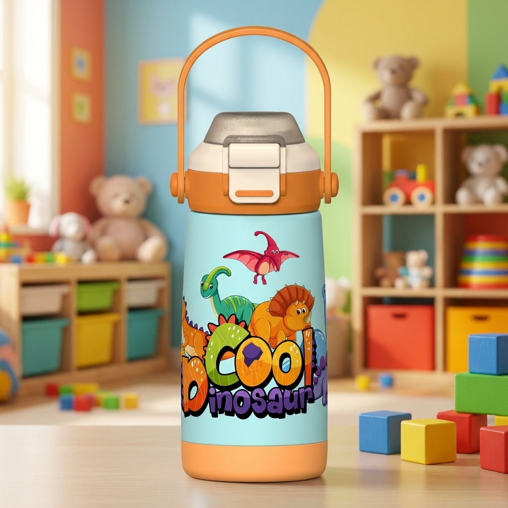  LAMOSE Goose 14oz kids water bottle in light blue with orange accents, featuring cartoon dinosaurs and playful COOL Dinosaur text.