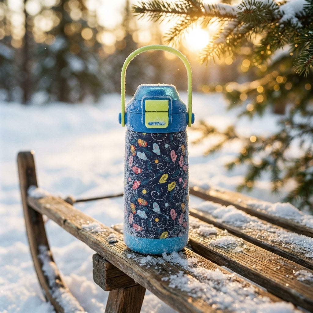 Lifestyle shot - LAMOSE Goose 14oz kids water bottle in navy blue featuring a colorful pattern of connected mittens and a lime green latch
