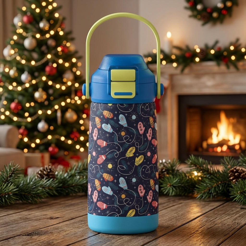 LAMOSE Goose 14oz kids water bottle in navy blue featuring a colorful pattern of connected mittens and a lime green latch