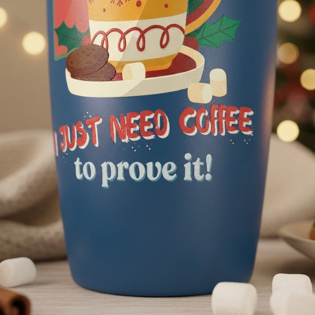 Detail shot - Blue LAMOSE Peyto 16oz insulated tumbler featuring a festive Dear Santa I Need Coffee design with cookies, hot chocolate, and holiday motifs on a wooden table.