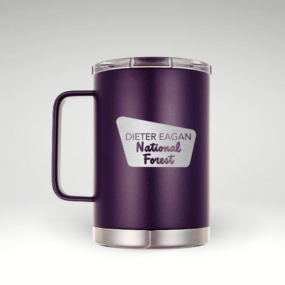 Nova Purple insulated mug with 'Dieter Eagan National Forest' engraving, perfect for camping, hiking, and outdoor adventures. 