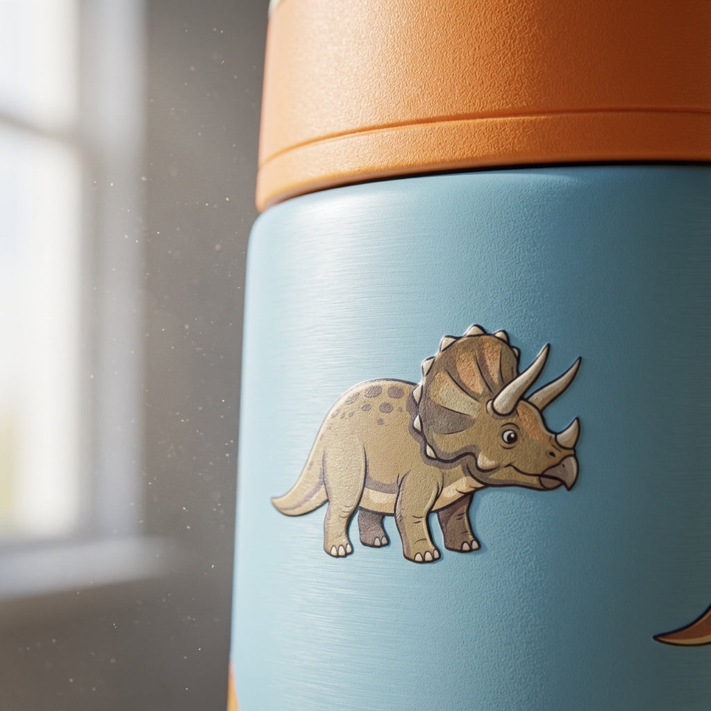Detail shot - LAMOSE Goose 14 oz kids water bottle featuring colorful cartoon dinosaurs on a light blue background with orange lid and green handle