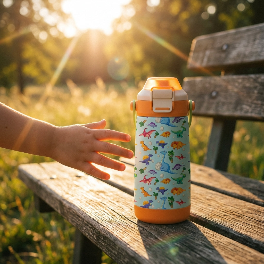 Lifestyle shot - LAMOSE Goose 14 oz kids water bottle featuring colorful cartoon dinosaurs on a light blue background with orange lid and green handle
