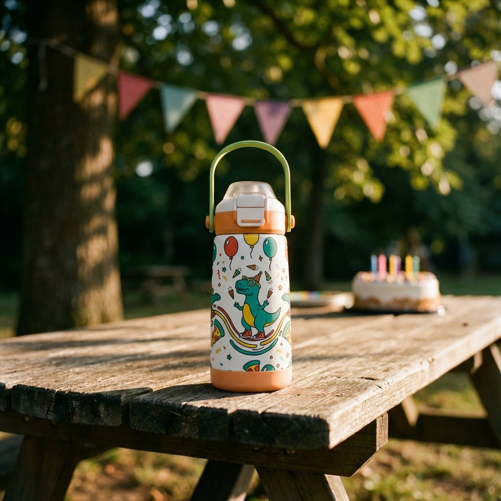Lifestyle shot - LAMOSE Goose 14oz kids water bottle with orange base and green handle, featuring a pattern of dinosaurs in party hats, pizza, and balloons.